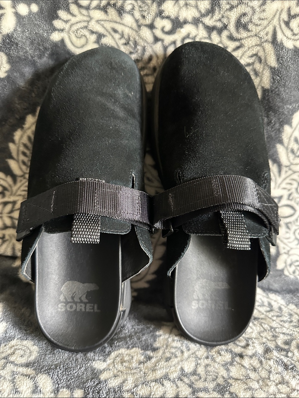 Sorel euc viibe black leather suede slip on velcro buckle strap clogs shoes